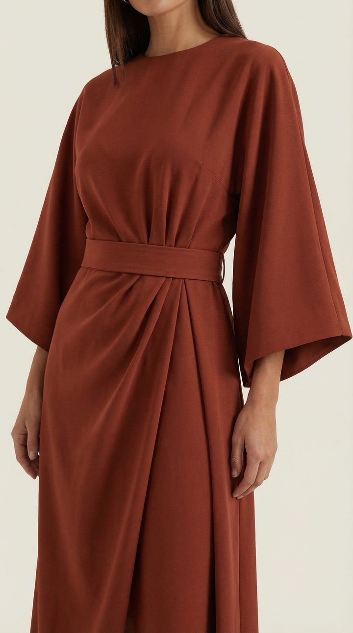 Women's midi dress with a tie front and sophisticated belt