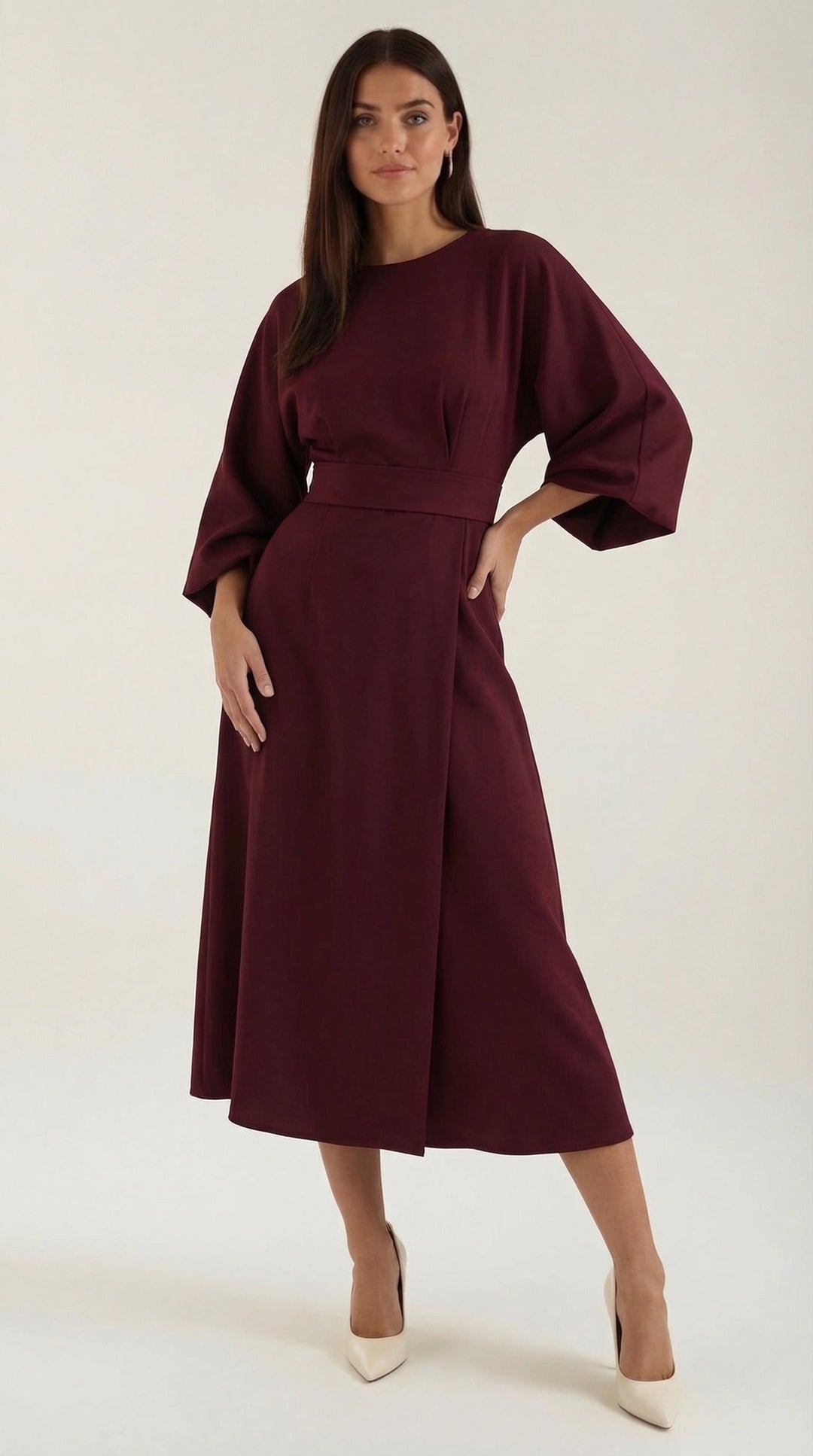 Casual women's midi dress with a modern belted style