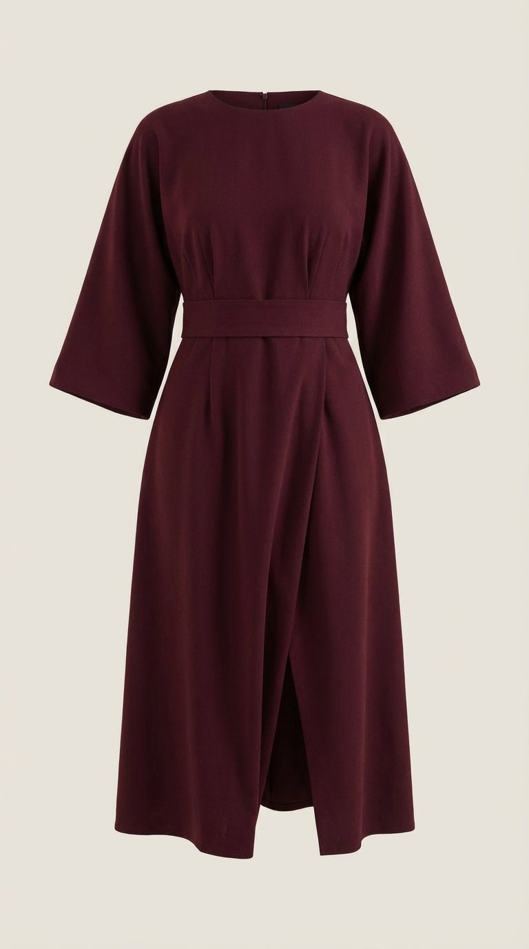 Belted midi dress with a sophisticated V-neckline