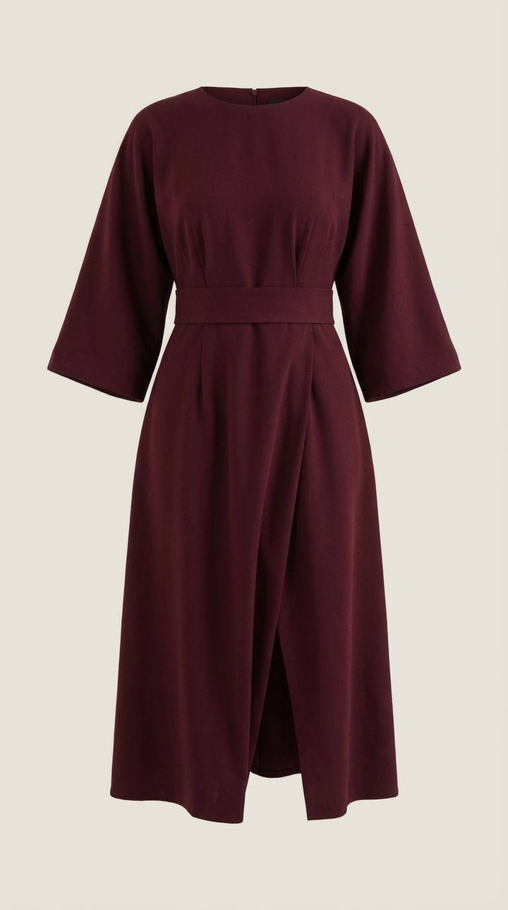 Belted midi dress with a sophisticated V-neckline
