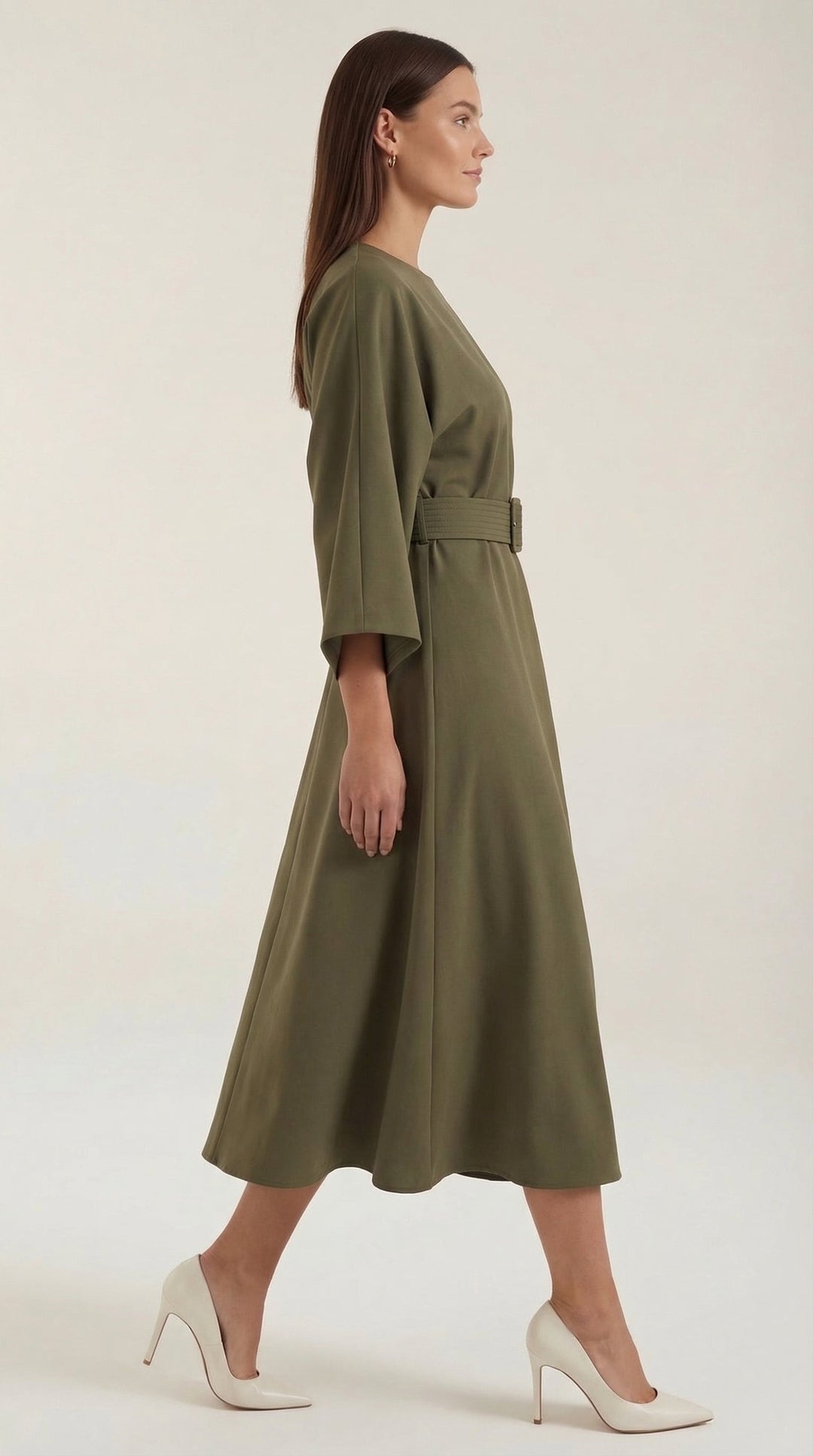 Formal party midi dress with a flattering belt and sleeves