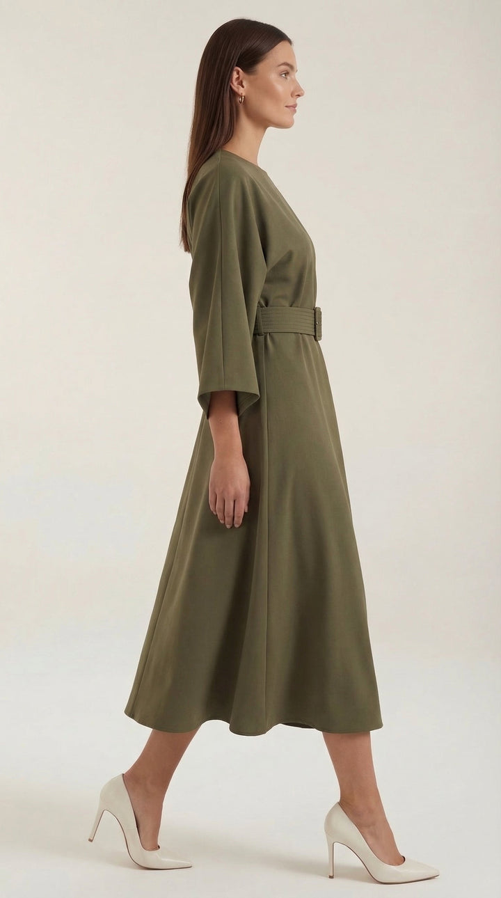 Formal party midi dress with a flattering belt and sleeves