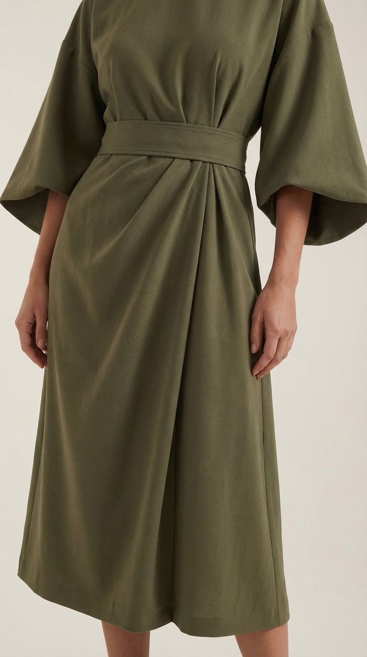 Women's midi dress: wrap style, wide sleeves, belted waist