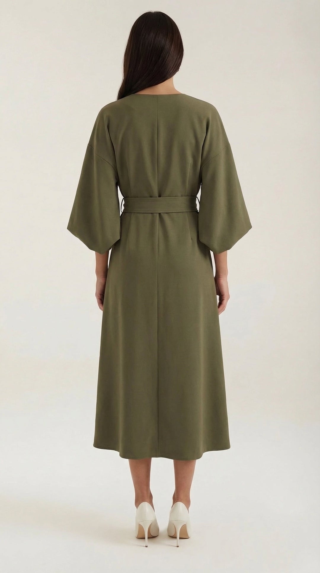 Stylish V-neck belted dress, ideal for evening wear