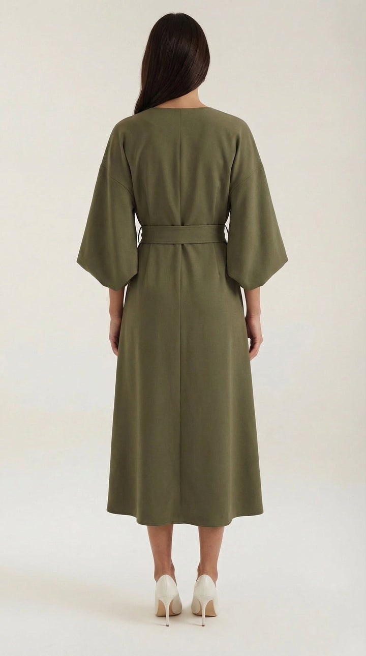 Stylish V-neck belted dress, ideal for evening wear