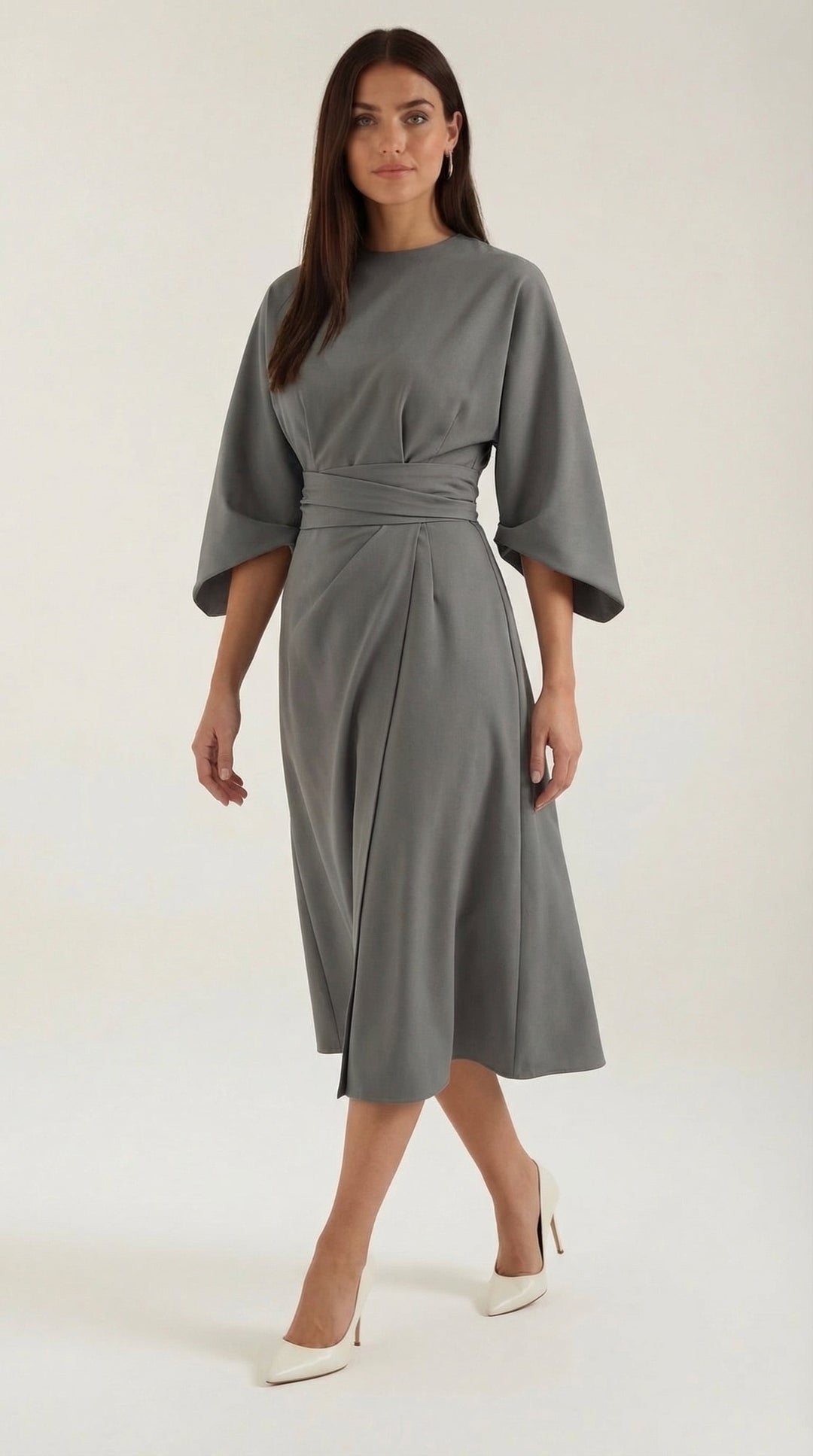 Chic women's dress: belted midi with flowing wide sleeves