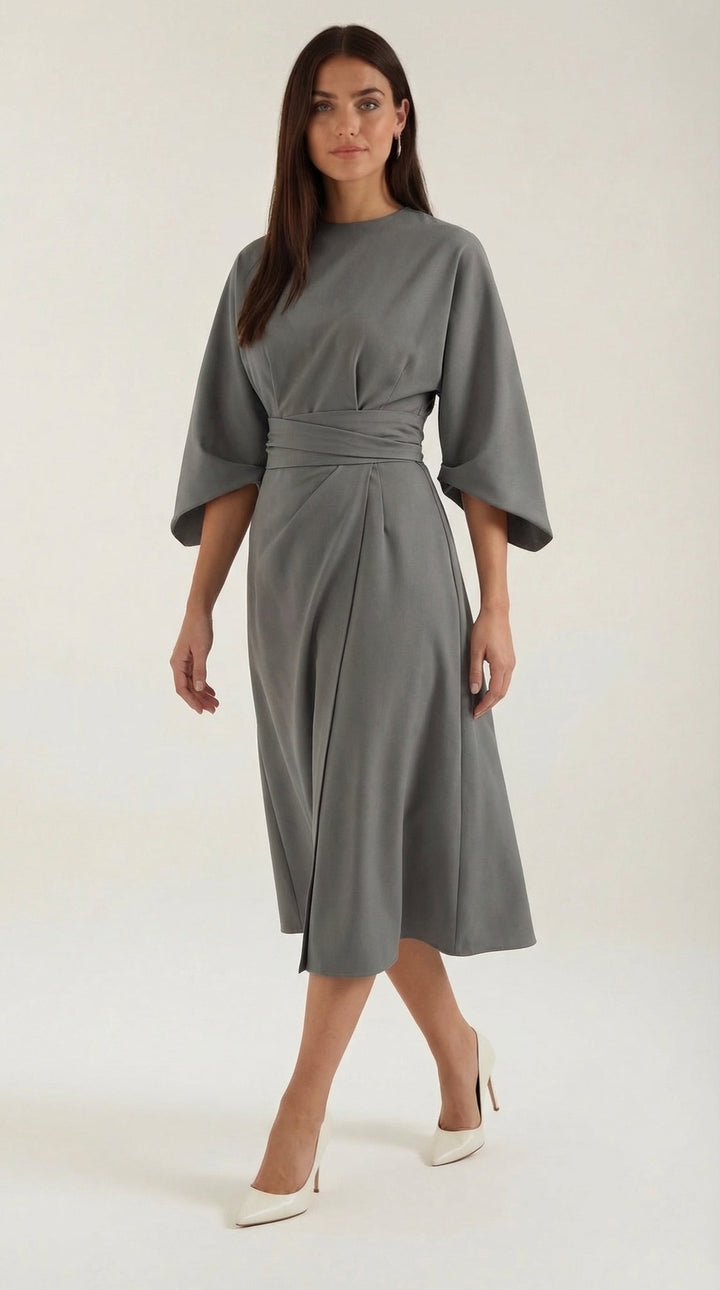 Chic women's dress: belted midi with flowing wide sleeves