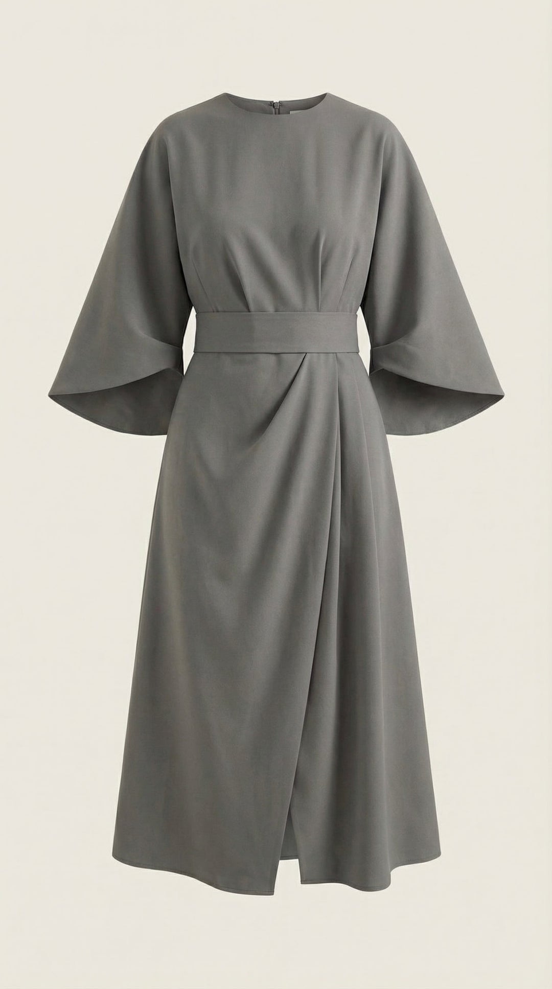 Elegant wide sleeve midi dress with a classic wrap belt