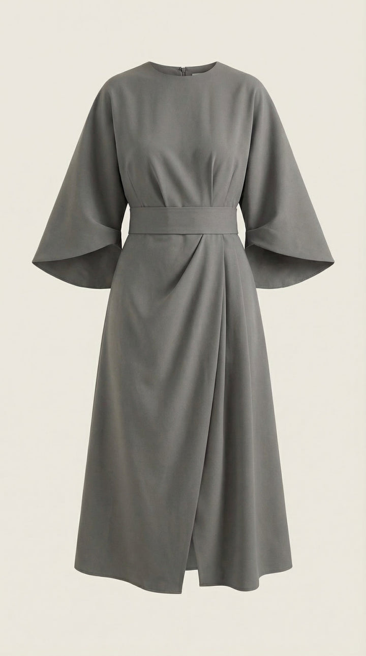 Elegant wide sleeve midi dress with a classic wrap belt