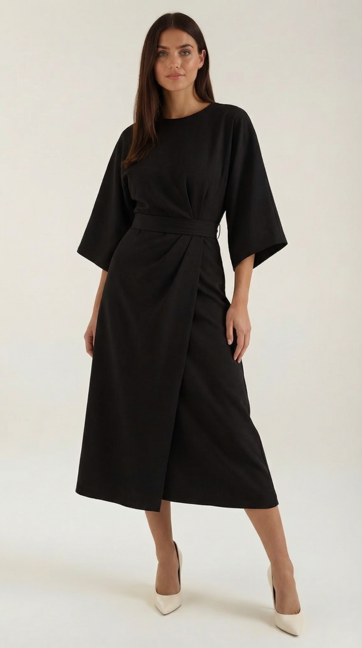 Stylish midi dress with a tie-waist and wide sleeves