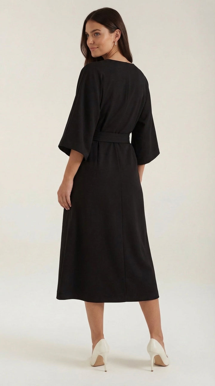 Flowy wide sleeve midi dress with a feminine wrap front