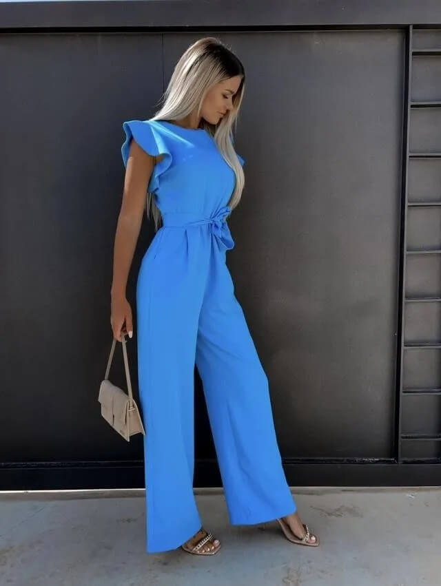 Women's belted wide leg jumpsuit with stylish butterfly sleeves. Perfect for versatile fashion.
