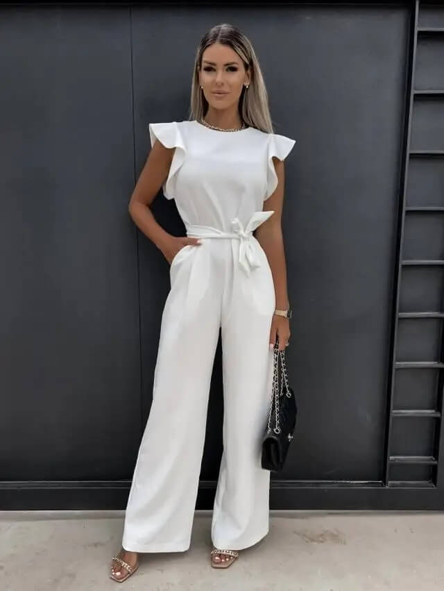 Elegant belted wide leg jumpsuit for women, showcasing delicate butterfly sleeves.
