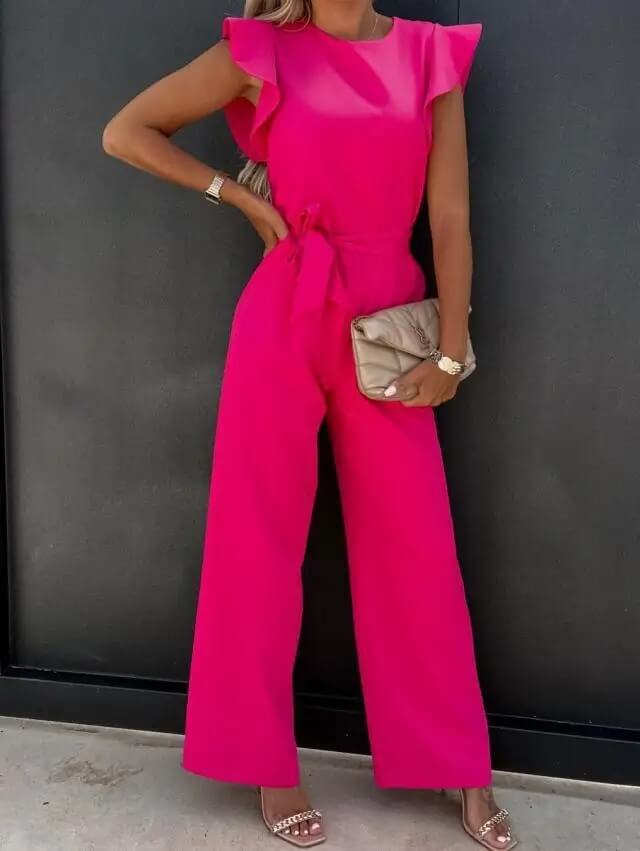 Women's wide leg jumpsuit, featuring a flattering belt and airy butterfly sleeves.