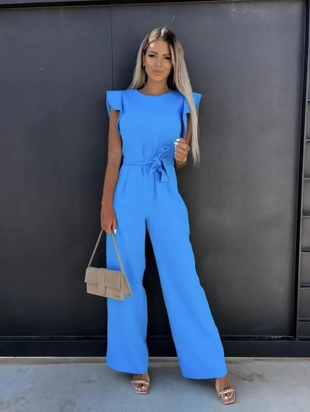 Fashionable women's wide leg jumpsuit with a belt and unique butterfly sleeves, a chic statement.
