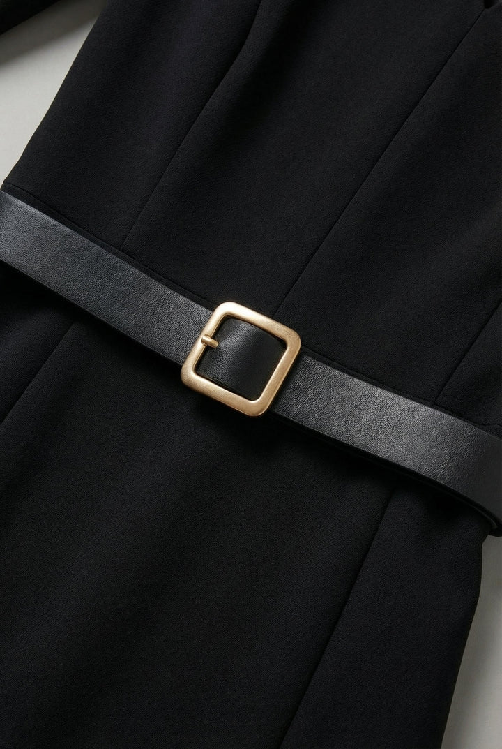 Chic black belted midi dress for women. Sophisticated, long, and elegant with a tailored silhouette.