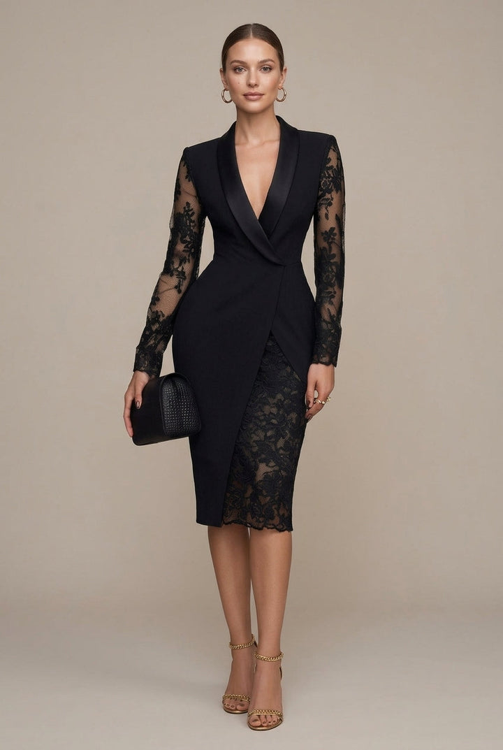 Women's black blazer midi dress with elegant sheer lace long sleeves, perfect for formal occasions & evening wear.