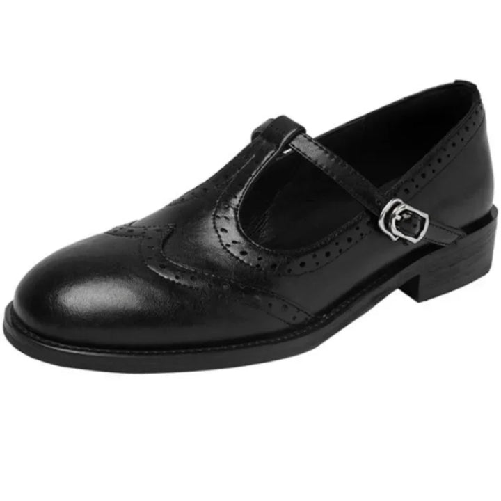 Black women's Brogue T-Strap Mary Jane shoes, featuring a comfortable low block heel & stylish buckle.