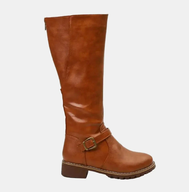 Women's black buckle-strap riding knee high boots with low heel, perfect for autumn fashion & everyday wear.