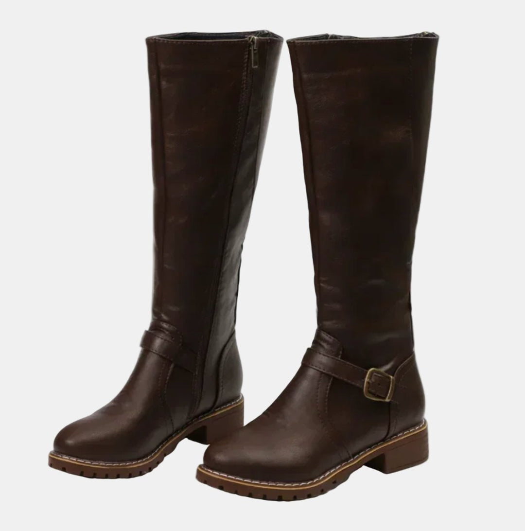 Full-length women's fashion boots, buckle-strap knee high style with a low heel, great for riding or city.