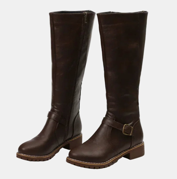 Full-length women's fashion boots, buckle-strap knee high style with a low heel, great for riding or city.