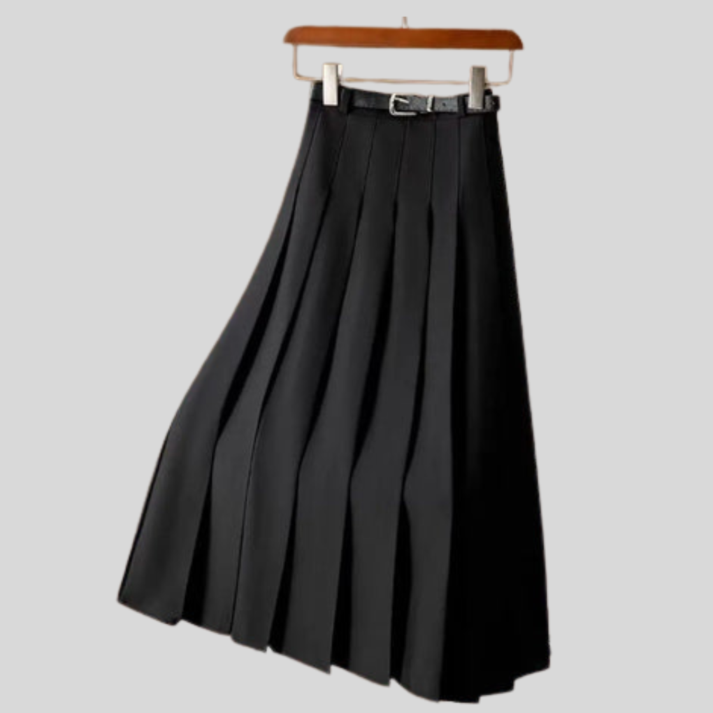 Women's black casual mid-length pull-on skirt with elastic waist for comfortable, effortless everyday wear.