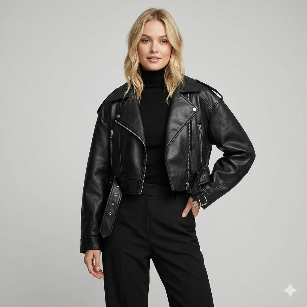 Women's black faux leather biker jacket, tailored fit, lightweight and chic outerwear.