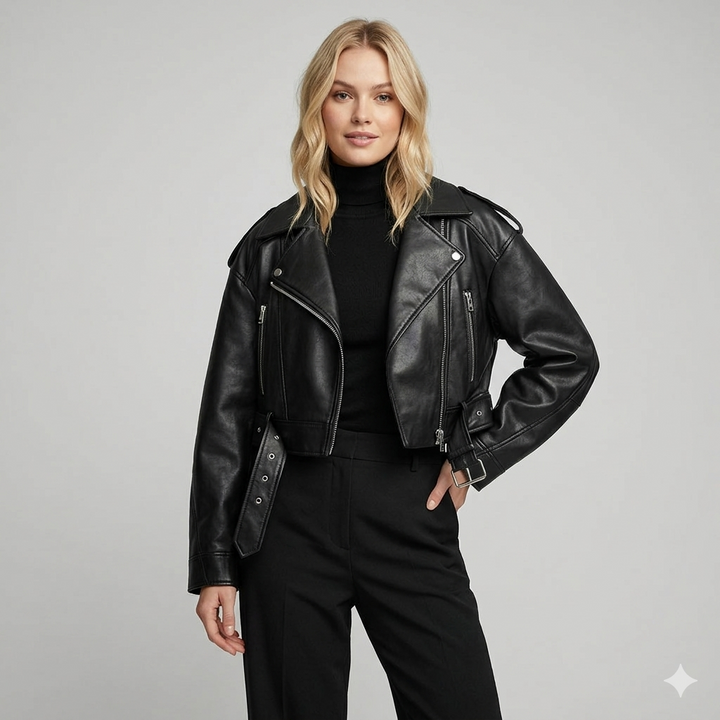 Women's black faux leather biker jacket, tailored fit, lightweight and chic outerwear.
