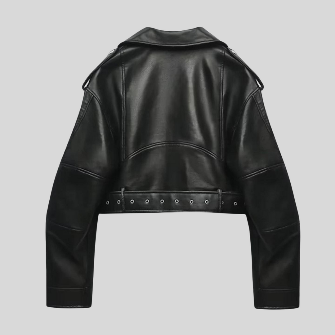 Chic women's black tailored jacket made from soft faux leather, ideal for everyday wear.