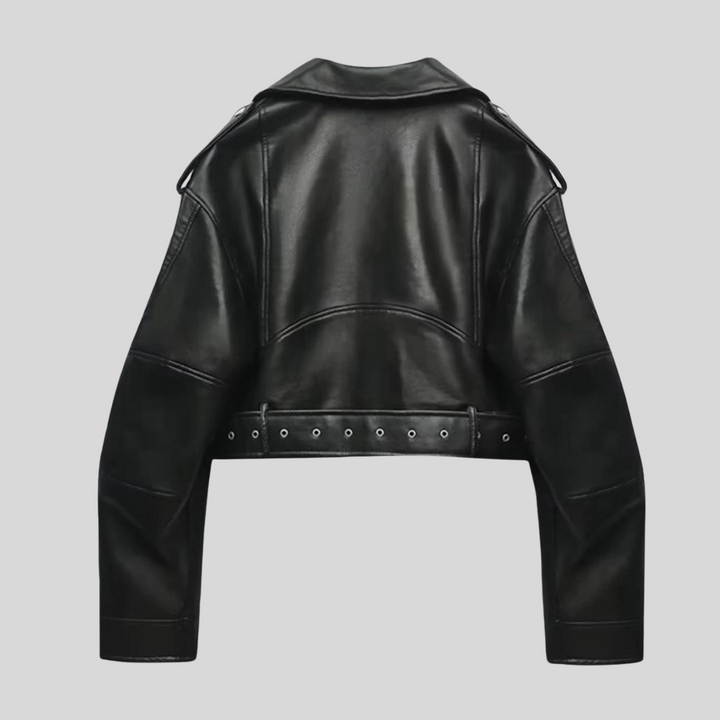 Chic women's black tailored jacket made from soft faux leather, ideal for everyday wear.