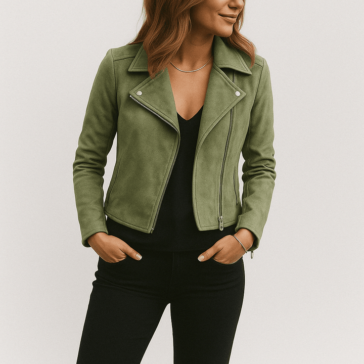 Women's black faux suede biker jacket, zip-up moto style