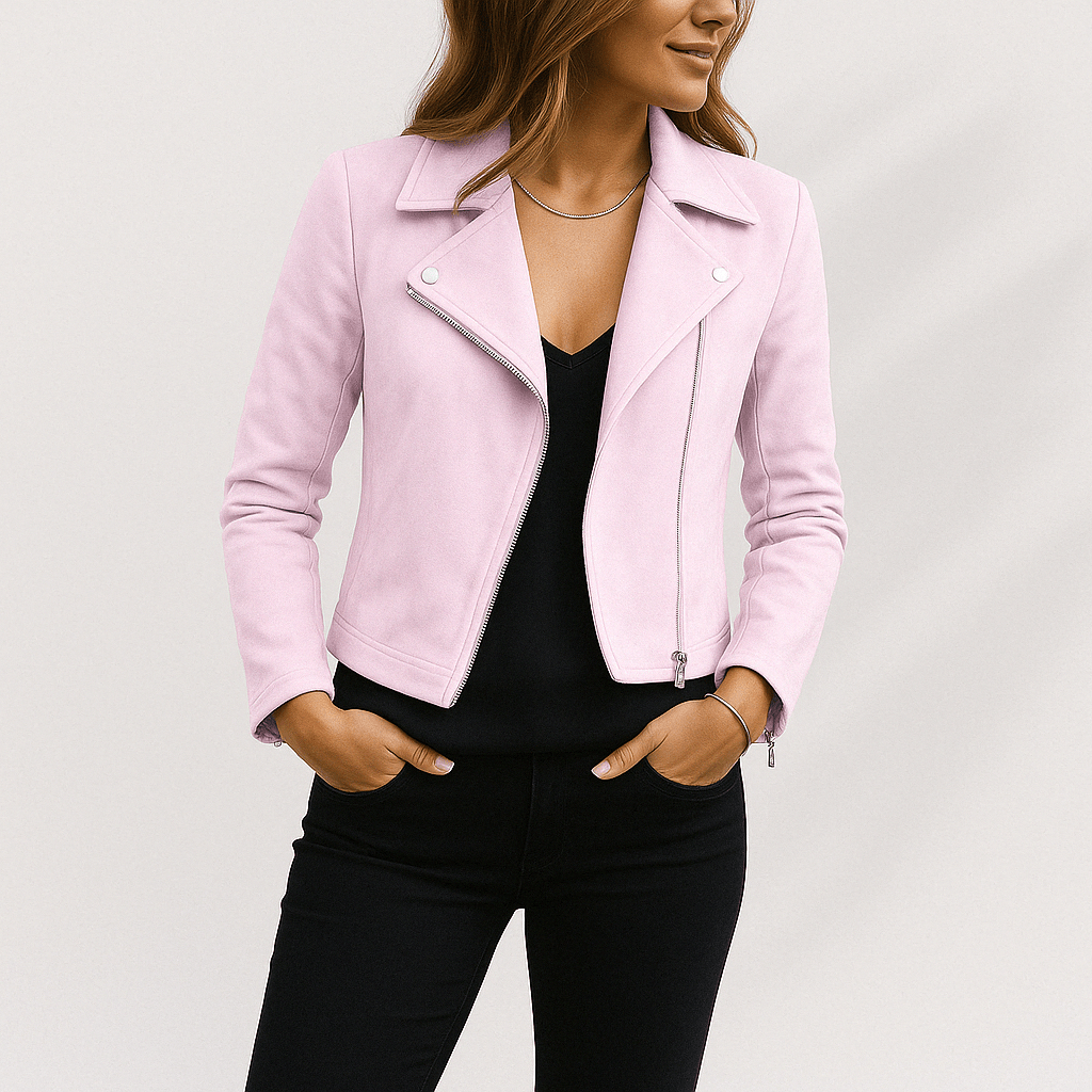 Side profile of a women's faux suede biker jacket, highlighting its sleek design