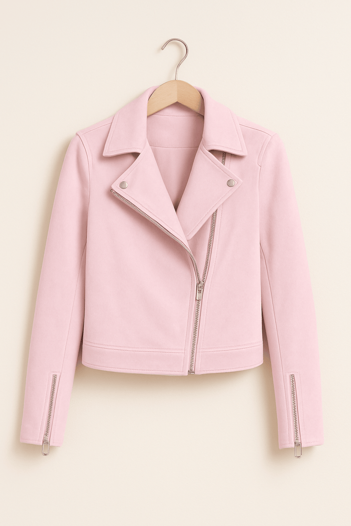 A woman confidently wearing a classic faux suede moto jacket for an urban look