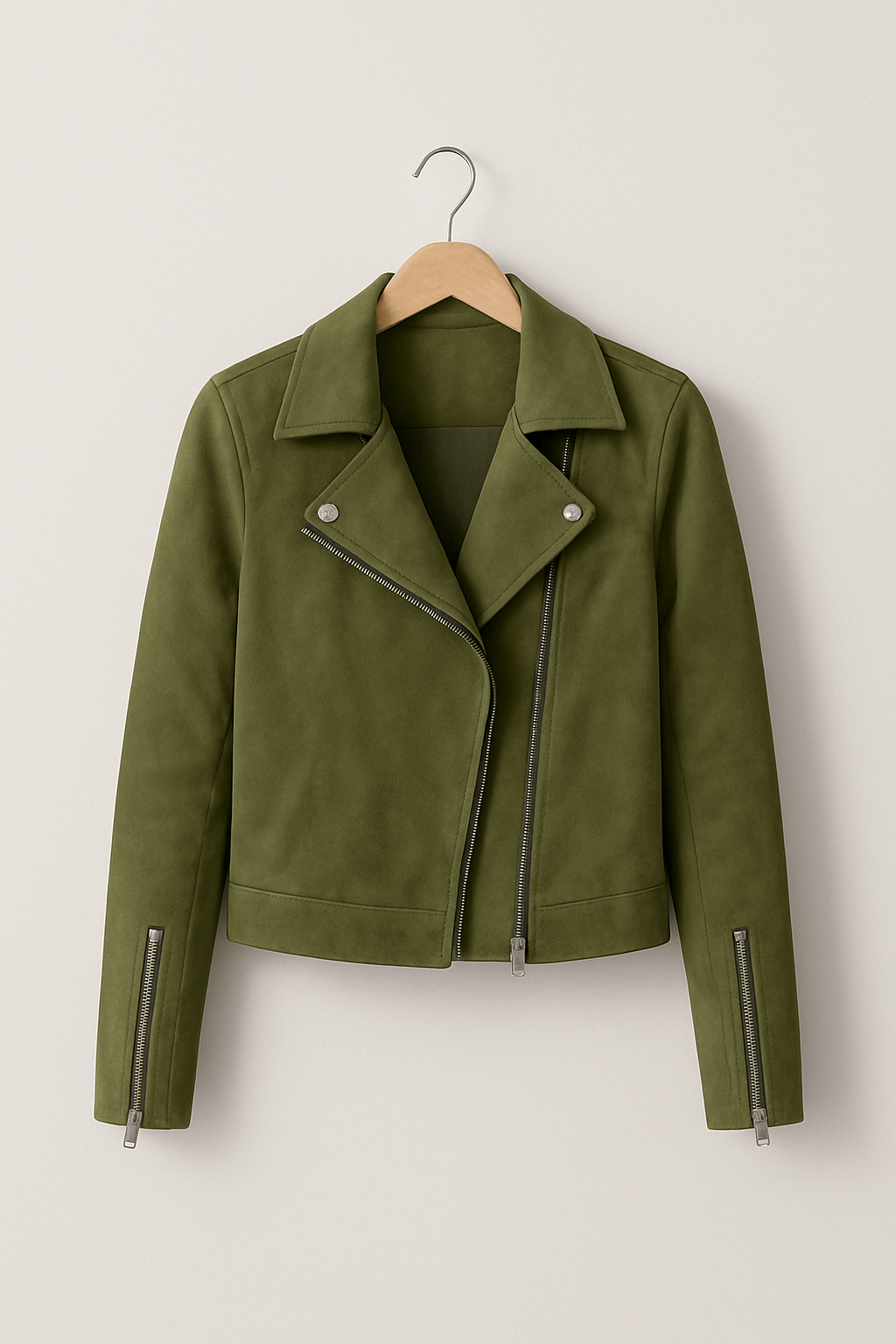 Close-up of the detailed stitching on a women's faux suede moto jacket