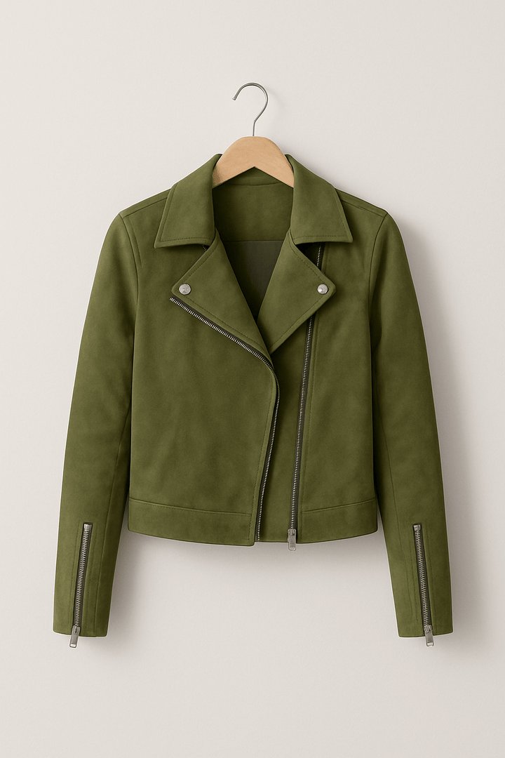 Close-up of the detailed stitching on a women's faux suede moto jacket