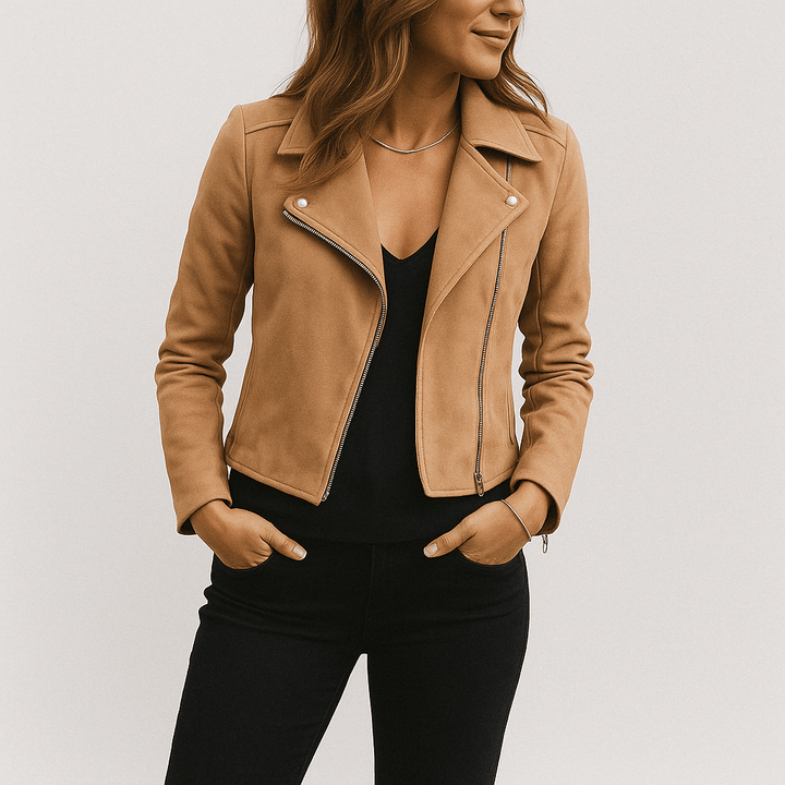 Full body shot of a woman wearing a trendy faux suede biker jacket in brown