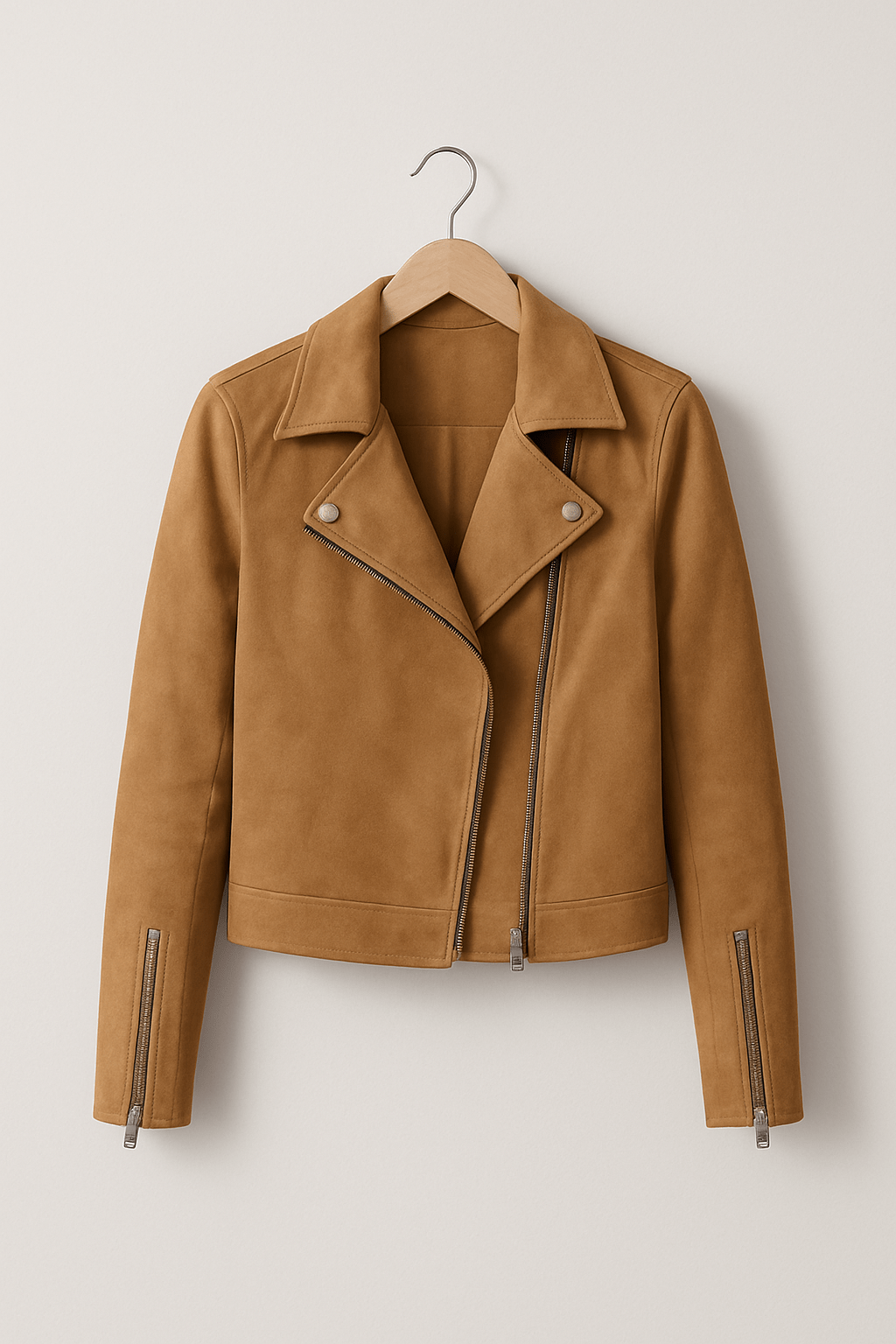 Front view of a stylish women's zip-up faux suede jacket, perfect for fall