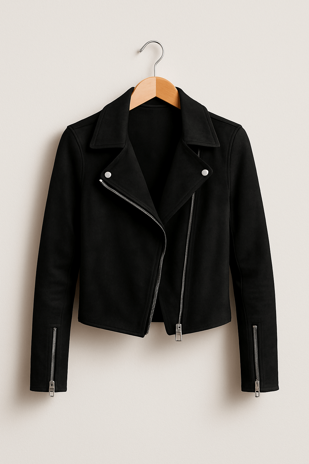Back view of a women's faux suede moto jacket, showcasing its tailored fit