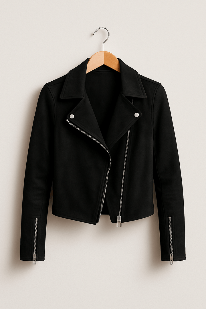 Back view of a women's faux suede moto jacket, showcasing its tailored fit