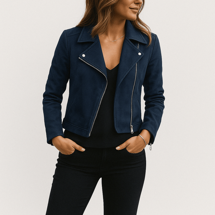 Casual outfit featuring a women's faux suede zip-up jacket in a soft taupe color