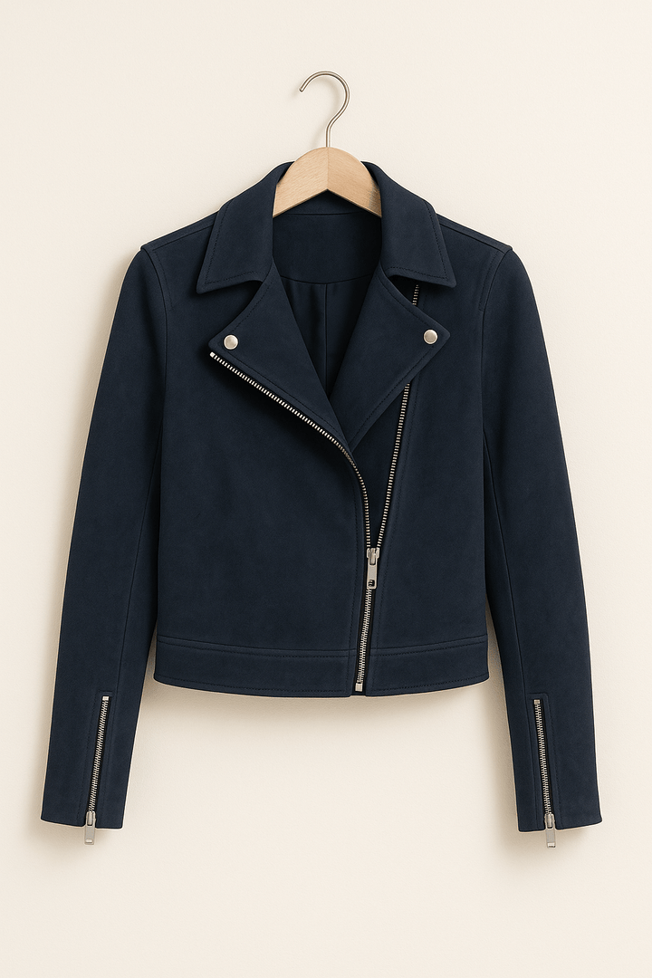 Detail shot of the collar and lapel on a women's faux suede biker jacket