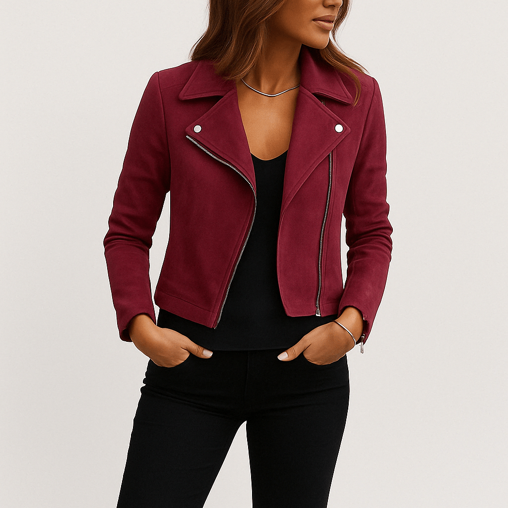Women's fashion jacket: Faux suede zip-up moto style in a deep burgundy hue