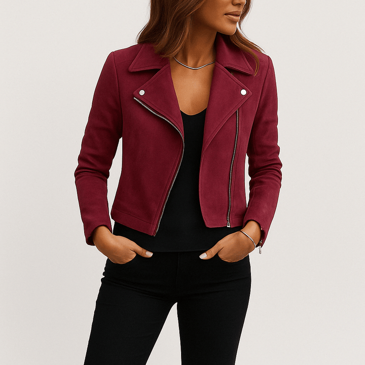 Women's fashion jacket: Faux suede zip-up moto style in a deep burgundy hue