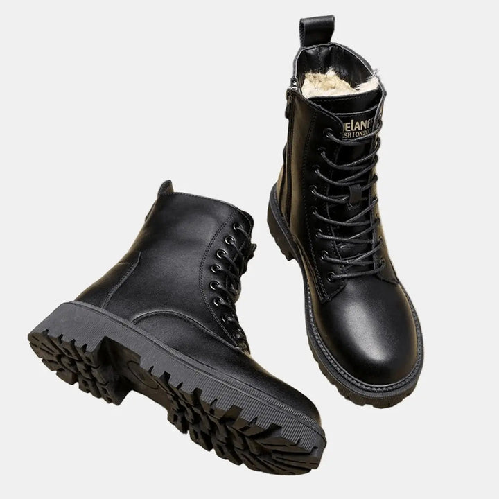 Cozy women's fur-lined combat boots with lace-up design & chunky sole for warmth & edgy winter style.