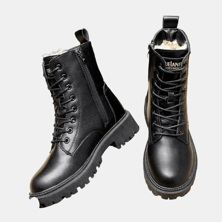 Stylish women's black lace-up combat ankle boots with a chunky sole & warm fur lining, ideal for cold weather.