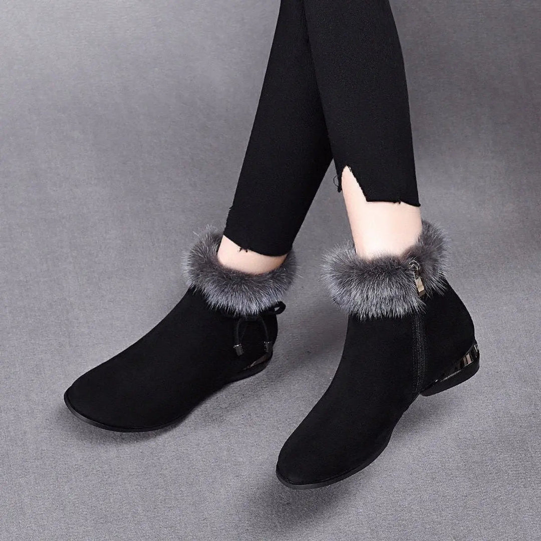 Everyday women's flat ankle boots with fur trim. Versatile, warm winter & autumn footwear for any casual look.