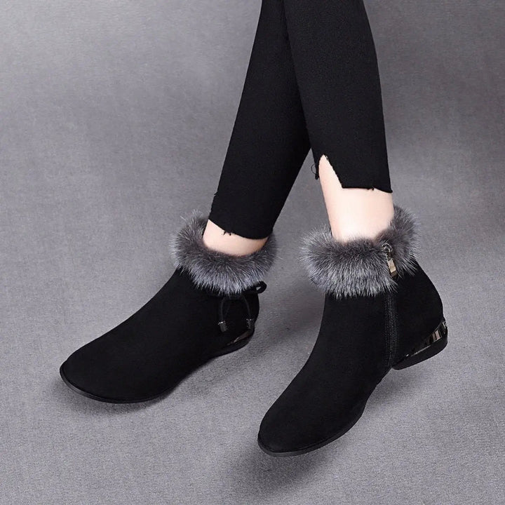 Everyday women's flat ankle boots with fur trim. Versatile, warm winter & autumn footwear for any casual look.