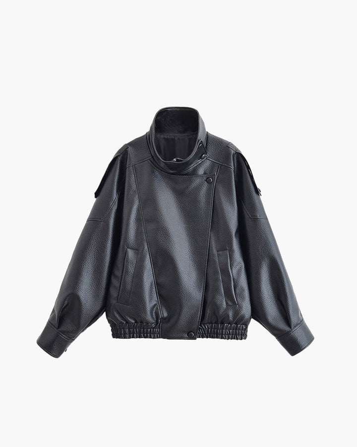 Women's black high neck leather jacket, sleek & modern outerwear for stylish fashion layering.