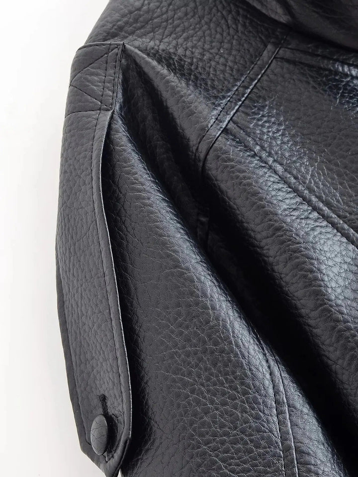 Women's black high neck leather jacket, a versatile and stylish outerwear piece for layering.
