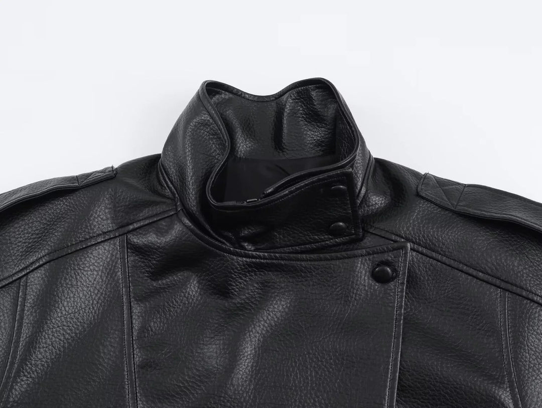 Front view of a women's black high neck leather jacket, a sleek and modern fashion outerwear statement.